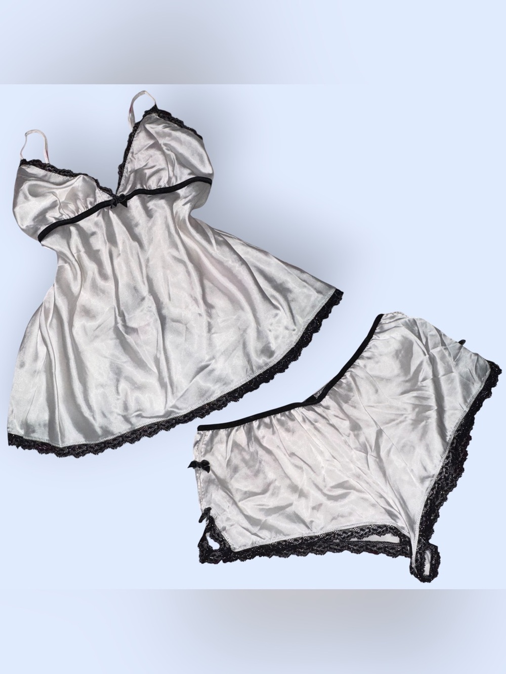 Victoria's Secret Ivory Satin Chemise with Black Lace Trim Pajama Set